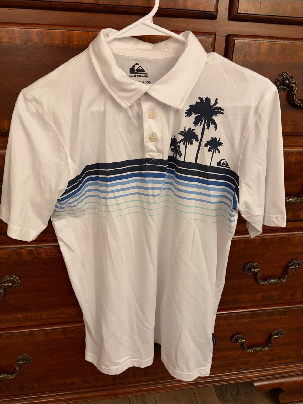 Quiksilver White Polo with Blue Gradient Stripes and Palm Graphic